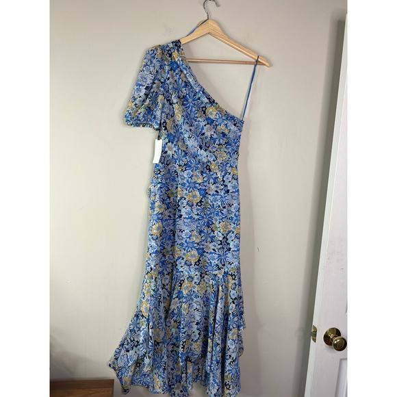 NWT ASTR Santorini One Shoulder Puff Sleeve Blue Peach Floral‎ Midi Dress Sz: XS - Picture 6 of 7